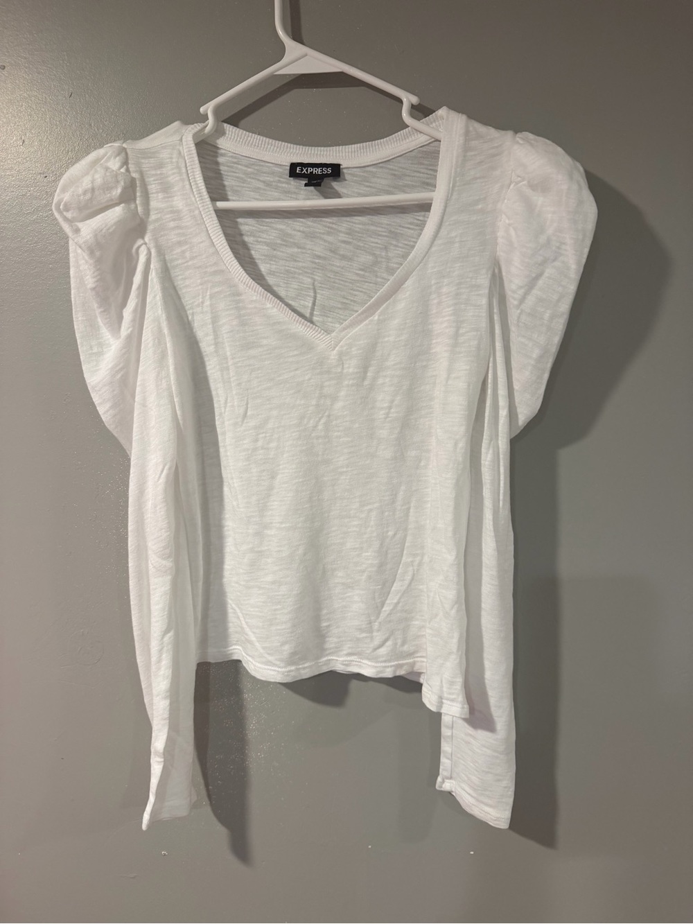Express White V-Neck Long Sleeve Top with Puff Shoulders